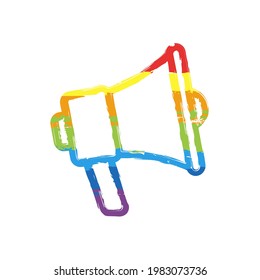 Simple megaphone icon, promotion, loud voice. Drawing sign with LGBT style, seven colors of rainbow (red, orange, yellow, green, blue, indigo, violet