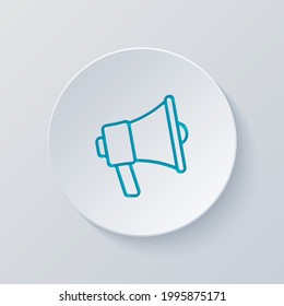 Simple megaphone icon, promotion, loud voice. Cut circle with gray and blue layers. Paper style