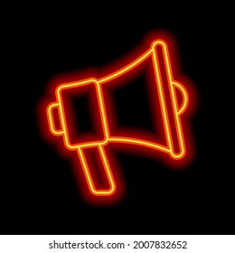 Simple megaphone icon, promotion, loud voice. Orange neon style on black background. Light linear icon with editable stroke