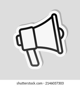 Simple megaphone icon, promotion, loud voice. Linear sticker, white border and simple shadow on gray background