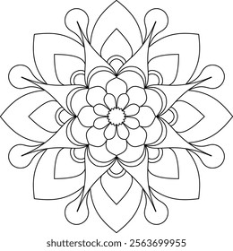 Simple mellow mandala patterns for meditation, adult coloring book page, fabric, prints. Black lines on white background, abstract flower design. Vector file.