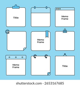 Conjunto de quadros de memorando simples, plano de fundo de nota, papel, arquivo de clipe, assunto, ilustração de vetor de área de transferência