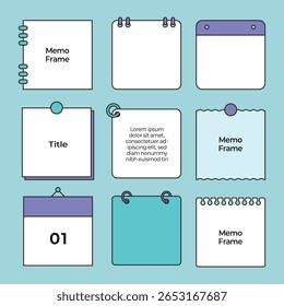 Conjunto de quadros de memorando simples, plano de fundo de nota, papel, arquivo de clipe, assunto, ilustração de vetor de área de transferência