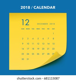 Simple memo paper calendar for 2018 years. Week starts from Sunday.