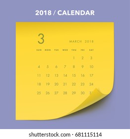 Simple memo paper calendar for 2018 years. Week starts from Sunday.