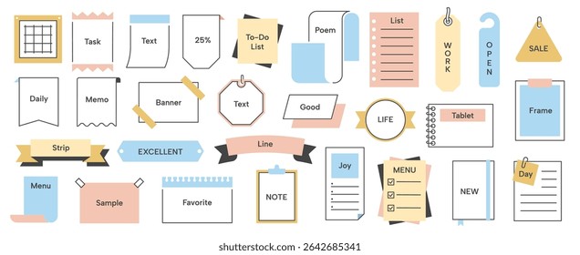 Simple memo. Paper note frame pages with titles, cute sticky notes paper with lined and crossed borders for writing. Vector note page sticker set.