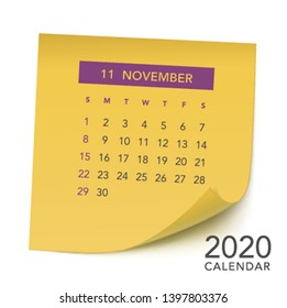 Simple memo style calendar for 2020 years. Week starts from Sunday.