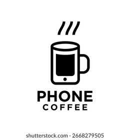 Un diseño de logotipo simple y memorable que combina una taza de café y un teléfono inteligente, ideal para marcar una cafetería, empresa de tecnología o blog.