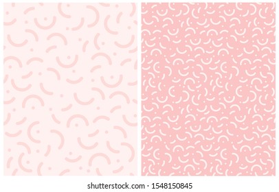 Simple Memphis Style Geometric Seamless Vector Patterns. White Semi Circles Isolated on a Pink Background. Tiny Geometric Elements on a Light Pink Layout. Baby Girl Party Decoration.
