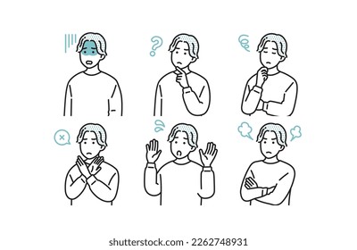 Material ilustrativo de expresiones faciales negativas de hombres simples