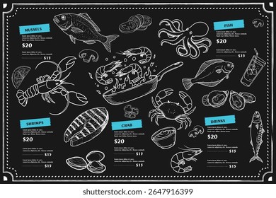 Design de menu simples criado com camarão, ostras, caranguejos e mexilhões. Fundo preto e estética linear.