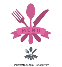 Simple menu or restaurant logo or icon with vector cutlery items such as fork, knife and spoon. Ribbon. Banner for text adding / Restaurant Silverware icons - Cutlery set 