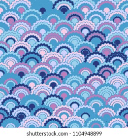 Simple mermaid scales squama background, vector seamless fabric pattern, tiled textile print. Classic chinese squama scales seamless arc tiles surface. Roof pattern.