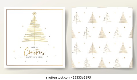 Simple merry Christmas card and seamless pattern with golden Christmas tree, lettering. Minimalistic xmas template. 