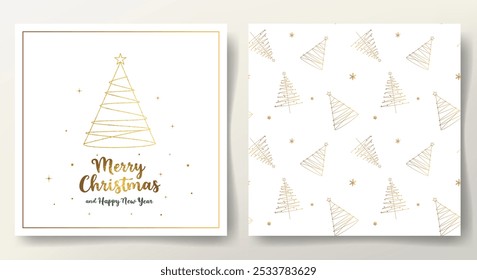 Cartão de Natal alegre simples e padrão sem emenda com árvore de Natal dourada e letras. Modelo de xmas minimalista. 