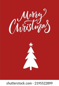 Simple Merry Christmas greeting card with sigle minimalist tree, red vector design.