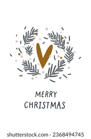 Simple merry Christmas greeting card, winter heart illustration on white background.