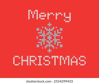 Simple Merry Christmas Greeting Card Flat Style Knitted Embroidery Effect Red Background. Ugly Sweater Design. Embroidery Blue Snowflake In The Middle. Vector illustration