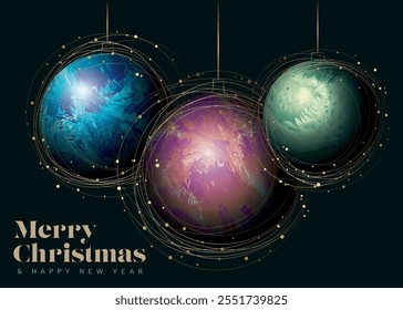 Simple Merry Christmas and Happy New Yeard card layout template with three christmas spheres illustration on dark background and golden lines