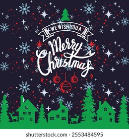 A simple Merry Christmas typography design.Merry Christmas and Happy New Year Winter Scene with Snowman,Santa hat ,Christmas Tree,Golden snow flakes and Golden Decorations on Blue Background.