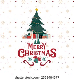 A simple Merry Christmas typography design.Merry Christmas and Happy New Year Winter Scene with Snowman,Santa hat ,Christmas Tree,Golden snow flakes and Golden Decorations on Blue Background.