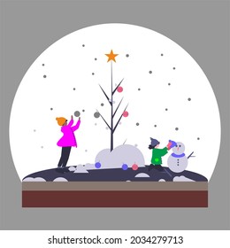 Simple y alegre diseño vectorial de navidad, con árbol de navidad decorado con luces más regalos y santa