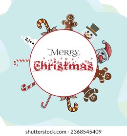 Simple Merry Christmas Vector Editable Greetings card with Snowman, gingerbread, candy cane