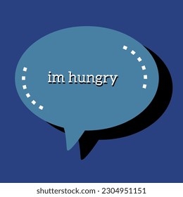 A simple message bubble vector on a blue background, with the words I am hungry.