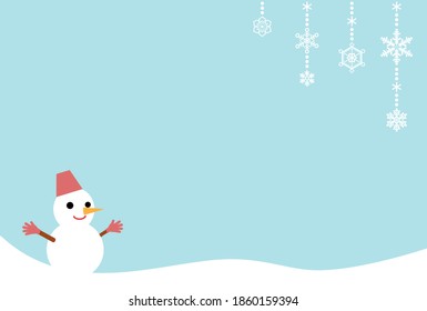Tarjeta de mensaje simple con un muñeco de nieve y copos de nieve. Ilustración vectorial.