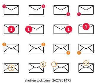 Iconos simples de notificación de mensajes: sobres con puntos de alerta.