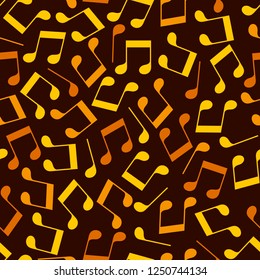 Simple messy golden music notes on dark brown seamless pattern, vector