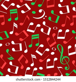 Simple messy red green and white music notes with treble and bass clefs, christmas colors, seamless pattern, vector background