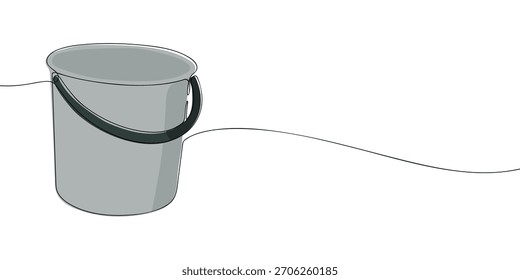 Um balde de metal simples com uma alça escura desenhada em um estilo de linha contínua mínima em um fundo branco limpo.