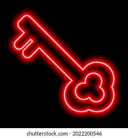 Simple metal key for padlock retro style. Red neon outline on a black background. Vector illustration