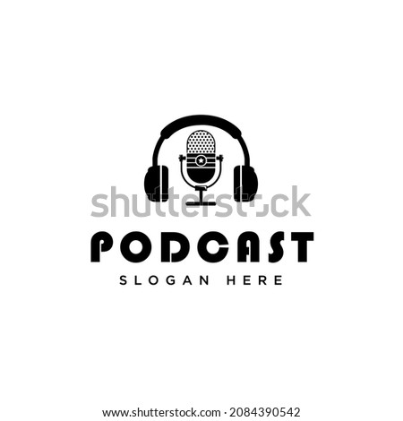 Simple Mic Microphone Headphones Waveform Sound Wave for Podcast Radio Recording Logo design
