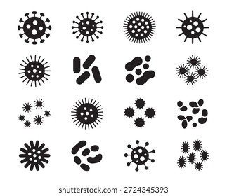 Conjunto de iconos simples de microorganismos, virus y bacterias. Células patógenas, microbios causantes de enfermedades.