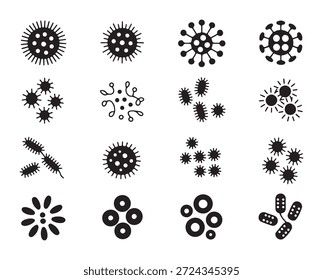 Conjunto de iconos simples de microorganismos, virus y bacterias. Células patógenas, microbios causantes de enfermedades.