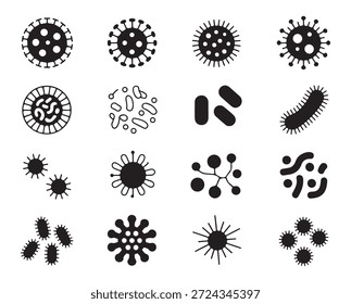 Conjunto de iconos simples de microorganismos, virus y bacterias. Células patógenas, microbios causantes de enfermedades.