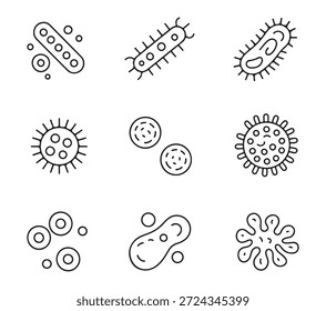 Conjunto de iconos lineales simples de microorganismos, virus y bacterias. Células patógenas, microbios causantes de enfermedades.
