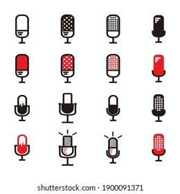 Simple microphone broadcast icon set  podcast concept- black and red microphone logo icon set isolated on white