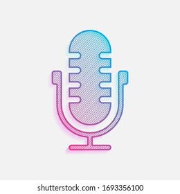 Simple microphone icon. Colored logo with diagonal lines and blue-red gradient. Neon graphic, light effect