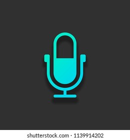 Simple microphone icon. Colorful logo concept with soft shadow on dark background. Icon color of azure ocean