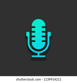 Simple microphone icon. Colorful logo concept with soft shadow on dark background. Icon color of azure ocean
