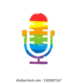 Simple microphone icon. Drawing sign with LGBT style, seven colors of rainbow (red, orange, yellow, green, blue, indigo, violet