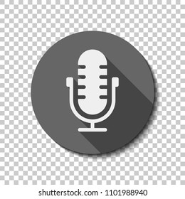 Simple microphone icon. flat icon, long shadow, circle, transparent grid. Badge or sticker style
