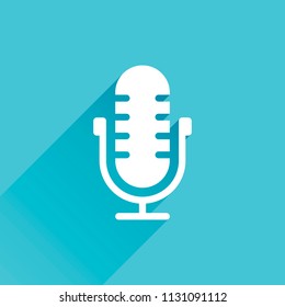 Simple microphone icon. Gray icon with long shadow in bottom left corner on blue background