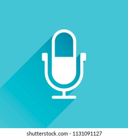 Simple microphone icon. Gray icon with long shadow in bottom left corner on blue background