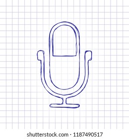 Simple microphone icon. Hand drawn picture on paper sheet. Blue ink, outline sketch style. Doodle on checkered background