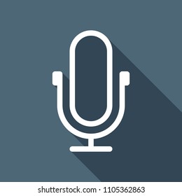 Simple microphone icon. Linear, thin outline. White flat icon with long shadow on background
