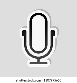 Simple microphone icon. Linear, thin outline. Sticker style with white border and simple shadow on gray background